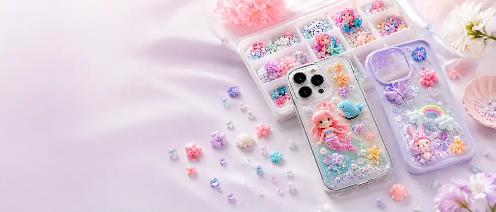 Wide banner showing pastel slime charm assortments and decorative accessories for B2B wholesale