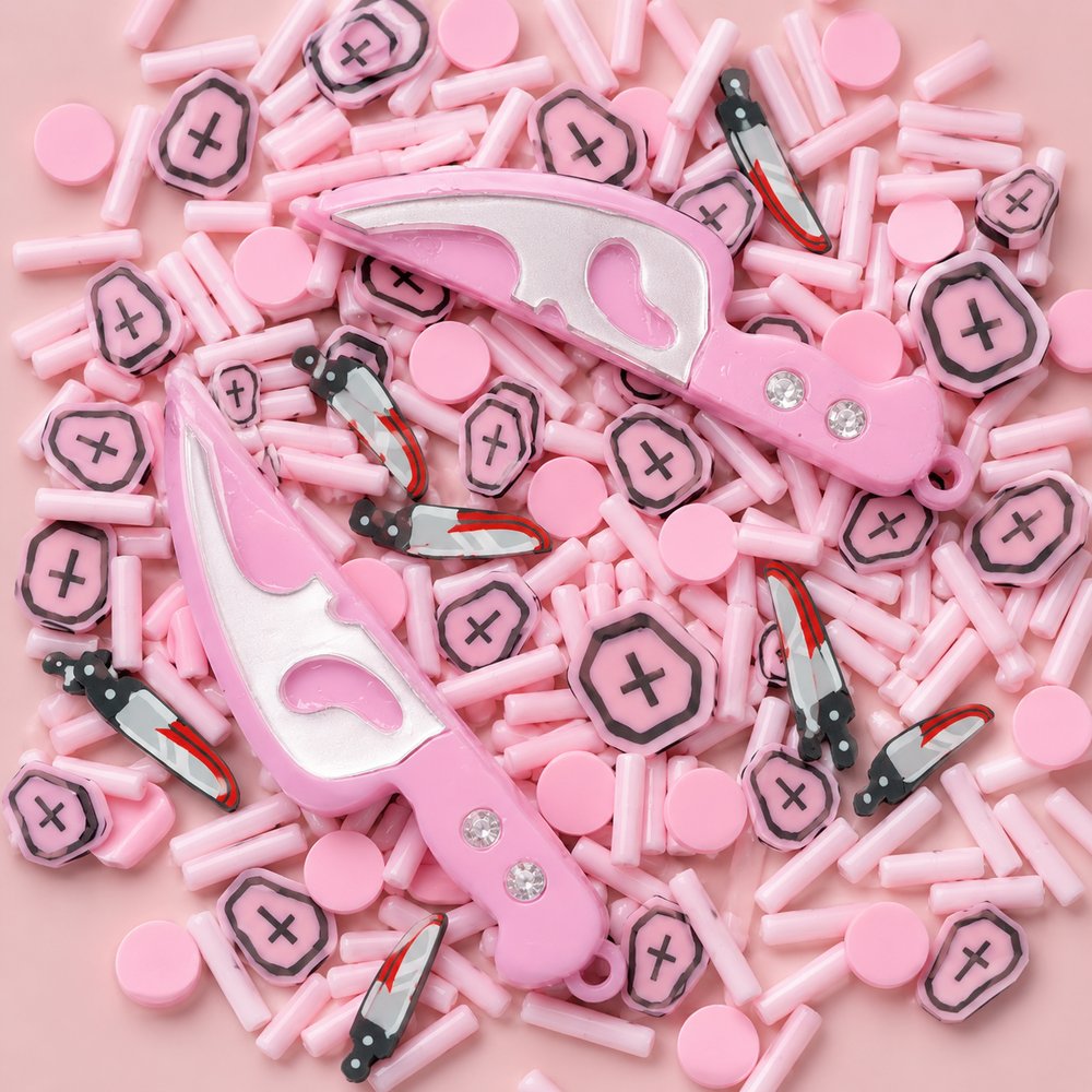pink knife and candy decor slime charms