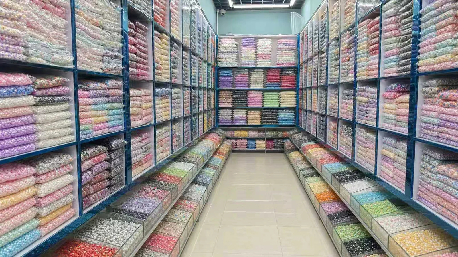 Wide view of organized warehouse shelving